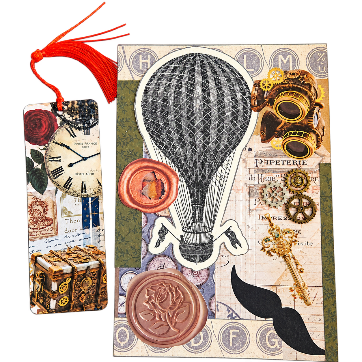Steampunk airship paper-art set with bookmark, wax seals, gears, and tassel