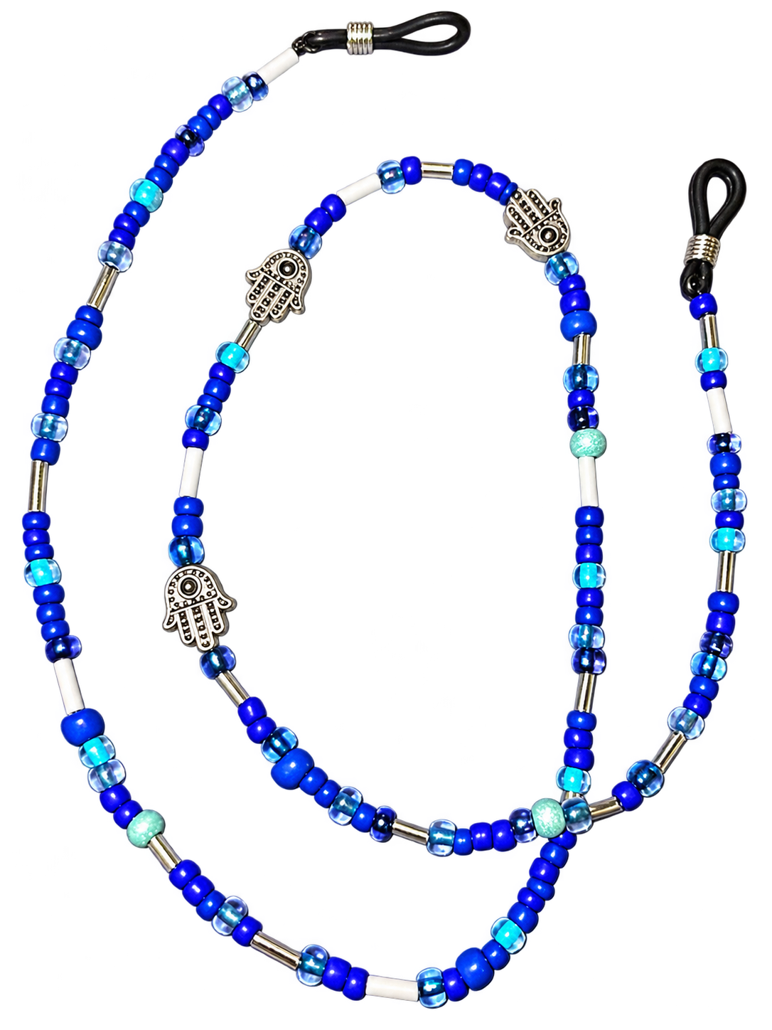 Handmade blue beaded eyeglass chain with silver-tone Hamsa hand charms