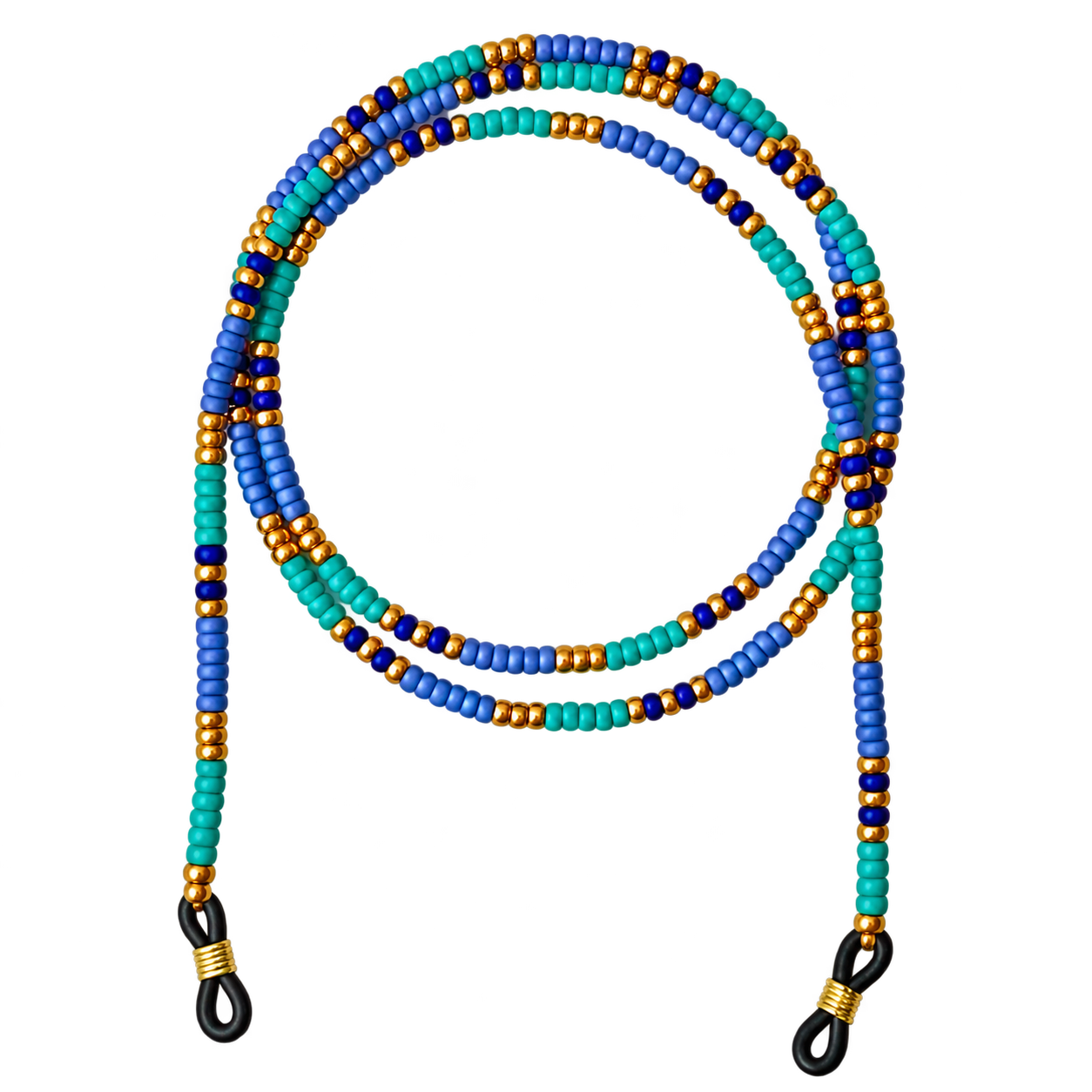 Handmade blue, turquoise, and gold-tone seed bead eyeglass chain