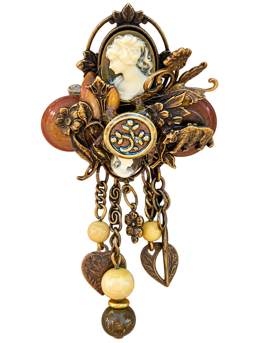Ornate handmade cameo pendant with bronze floral details and dangling beads
