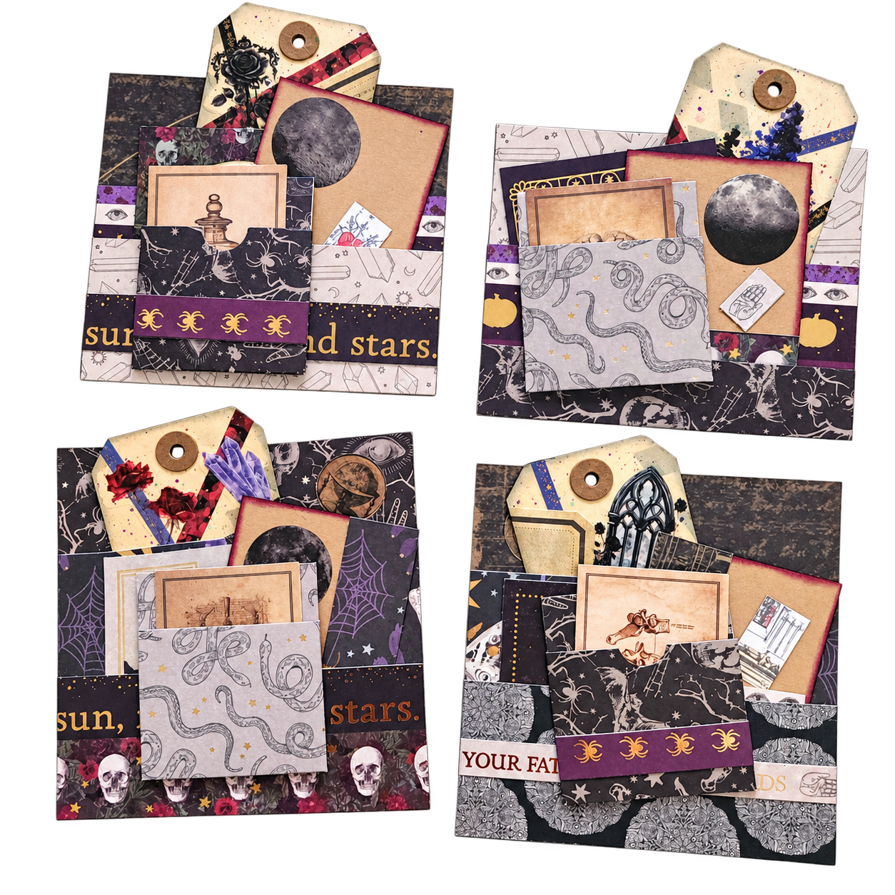 Four handmade celestial paper pockets filled with tags and cards