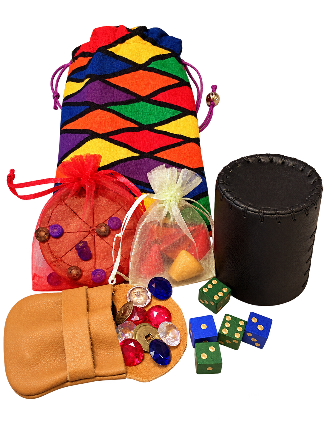 Assorted handmade dice and game bags with colorful dice and tokens