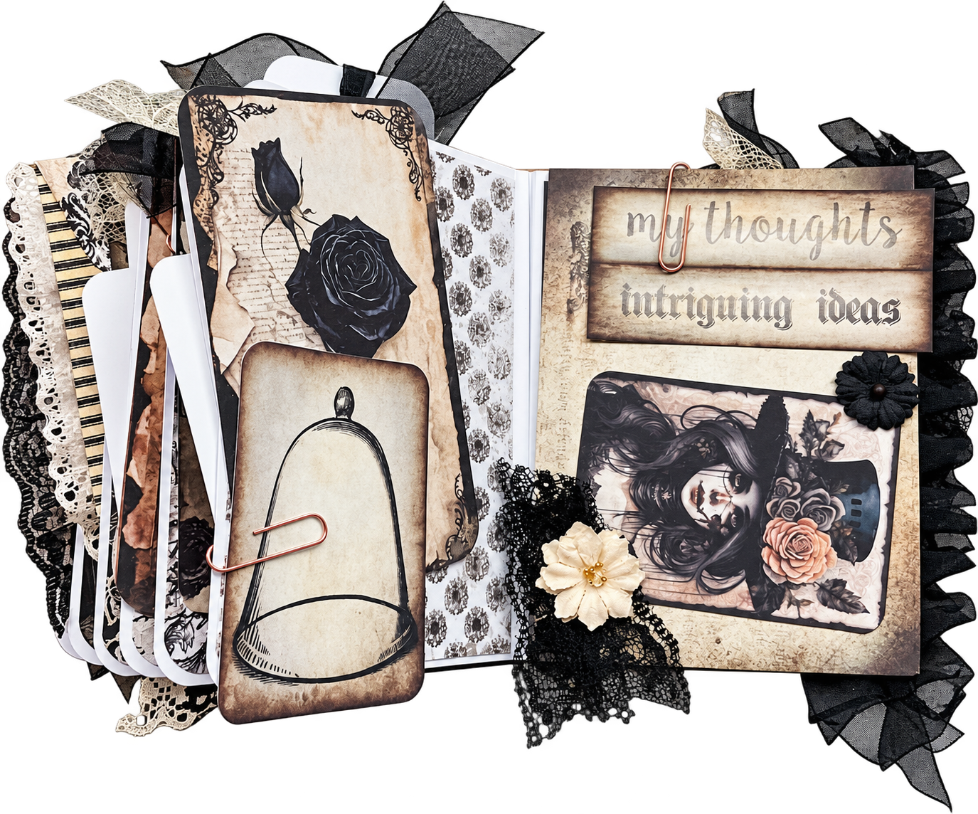 Ornate black and cream handmade journal spread with roses, lace, and writing cards