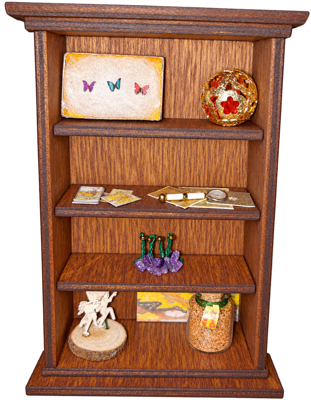 Handmade miniature wooden curio shelf filled with tiny art and objects