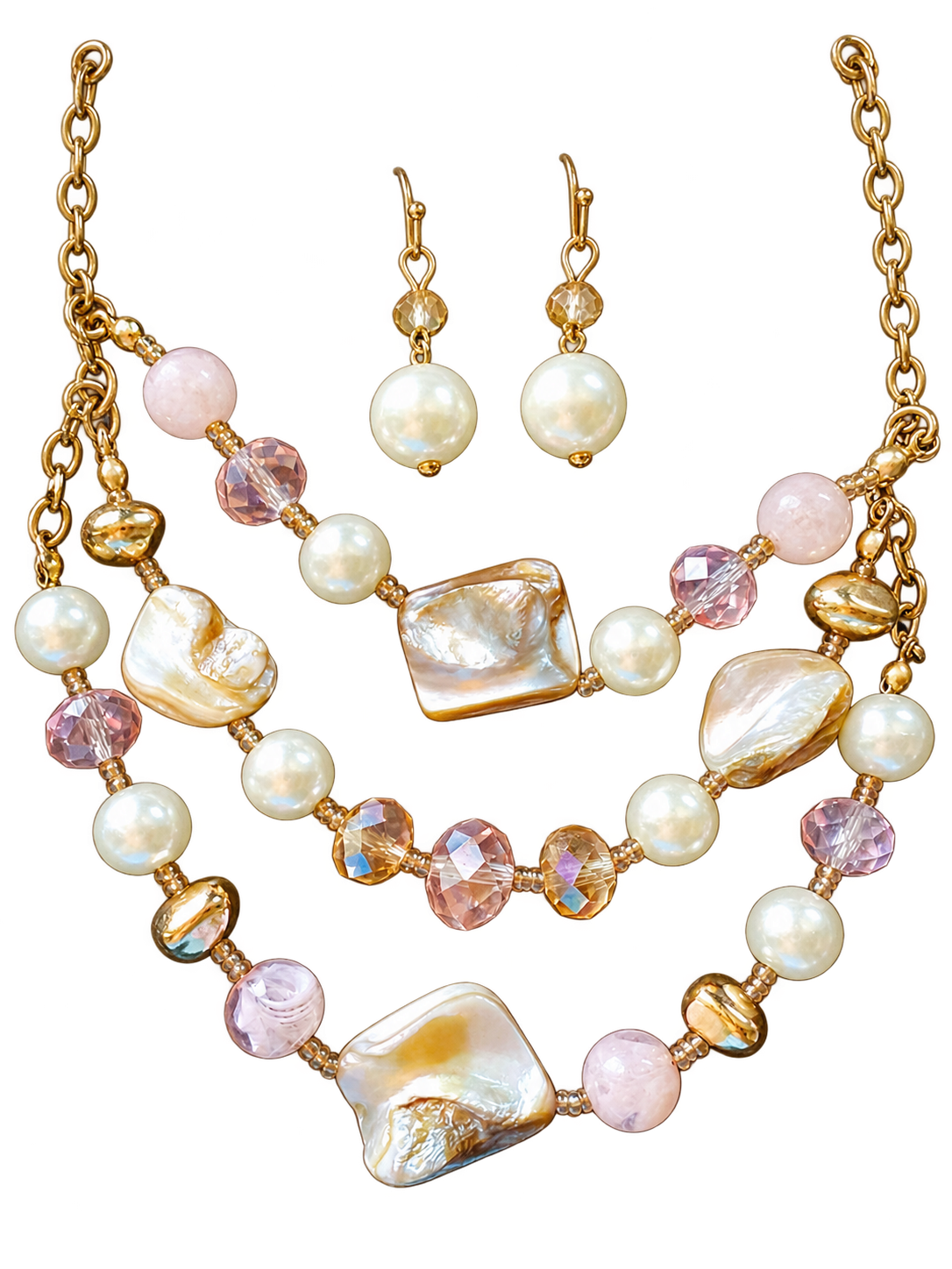 Handmade rose, pearl, crystal, and shell jewelry set