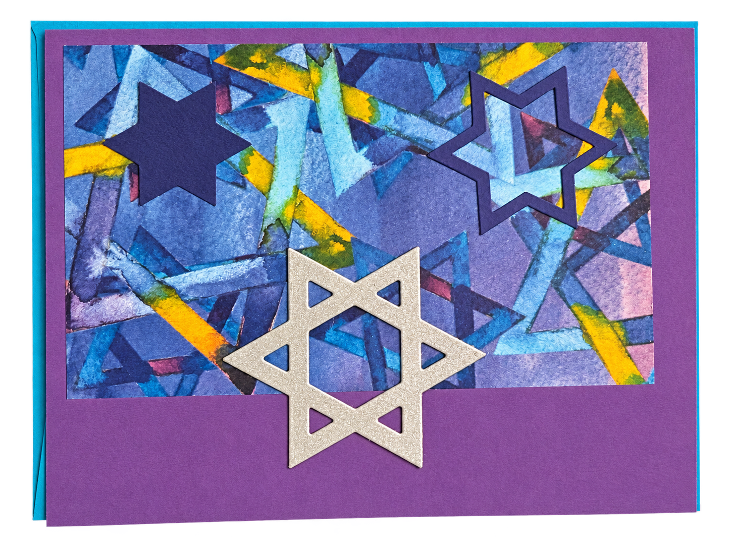 Purple and blue handmade Star of David greeting card